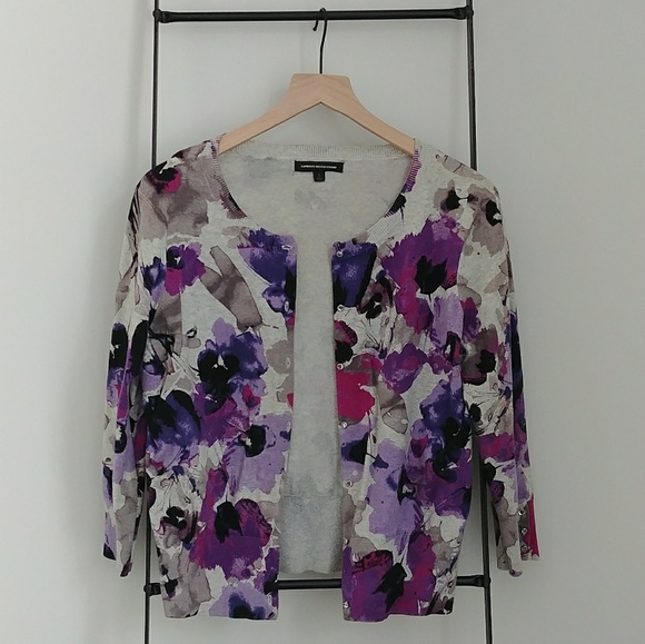 Express Grey Purple Floral Cardigan 